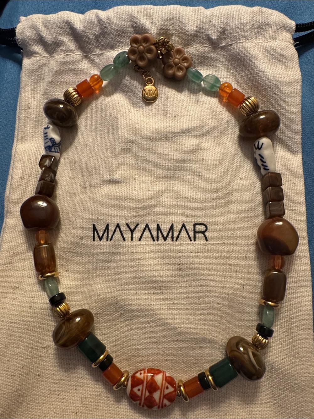 Mayamar Brown & Green Beaded Necklace with Gold Accents - Picture 2 of 4